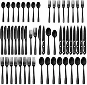 Hiware 48-Piece Matte Black Silverware Set with Steak Knives, Black Flatware Set for 8, Stainless Steel Tableware Cutlery Set, Utensil Sets for Kitchen, Hand Wash Recommended