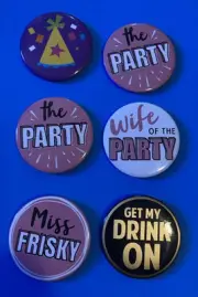 Button 2” Lot Of 6 Pin Back Miss Frisky Wife Of The Party Alcohol Get My Drink