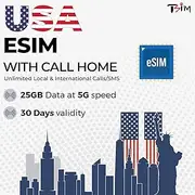 USA eSIM – 25GB 5G Data | Unlimited Local & International Calls/Text | Hotspot/Tethering allowed | 30-Day Prepaid Plan | Get eSIM Same Day!