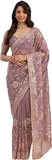 [TRENDMALLS] Women's Soft Net Embroidery work Saree with Unstitched Blouse Piece (K1218-LightPurple)