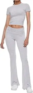 [AnotherChill] Women's 2 Piece Lounge Sets Fold-over Flare Pants Set Short Sleeve Crop Top Casual Outfits Comfy Loungewear