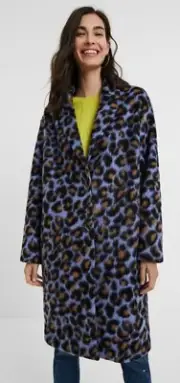 Desigual Coat Leopard Print Blue Wool Blend Jacket Coat Size Large.