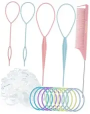 Hair Styling Kit: Tail Braiding Tool, 4 French Braid Loops, 100 Clear Mini