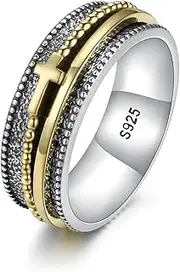 [Sariel] Cross Fidget Ring for Women - 925 Sterling Silver Spinner Rings Spinning Band Rings Wide Hammered