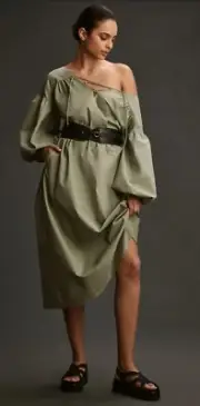 Anthropologie Mare Mare Midi Dress Green Bubble Sleeve Linen Blend Sz Small NWT