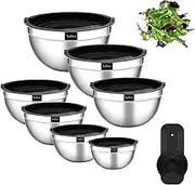 Batbez 7 Pcs Mixing Bowls Set wih Lids & Measuring Cups, Salad and Fruit Bowls with Plastic Silicone Lids, Stainless Steel Bowl Kids Mixing Large with Lid, Baking Mixing Cooking Serving Kitchen Set (Black Lids)