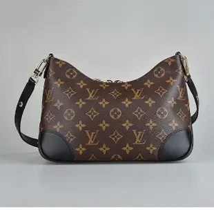 【Louis Vuitton 路易威登】LV M45831 BOULOGNE 壓印LOGO老花帆布拉鍊手提斜肩背牛角包(咖啡x黑)