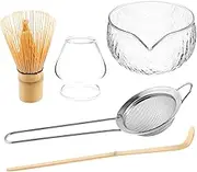 Matcha Whisk Set, Ceramic Matcha Bowl with Pouring Spout, Stainless Sifter Ceramic Whisk Holder, Bamboo Scoop, Exquisite Matcha Kit for Matcha Tea Culture (Glass Transparent)