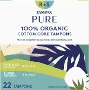 Tampax Pure 100% Organic Cotton Core Tampons, 22 Count, 11 Regular and 11 Super