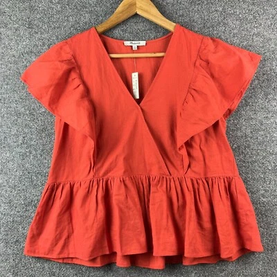 New Madewell Dark Orange Linen Wrap Top small