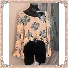 Vintage Peach Floral Cropped Blouse Long Bell Sleeves Ruffle Shirt Crop Top Boho