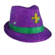 Light Up Mardi Gras Fleur de Lis Fedora - Sparkling Sequin Hat with Flashing Jad
