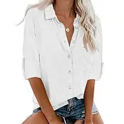 Women's Shirt Linen-Inspired Shirts Button Up Blouse Plain Elegant Business Basic Long Sleeve Shirt Collar Regular Tops Work Daily Weekend Black White Gray Fal
