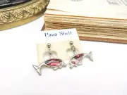 Retro 80s New Old Stock Silver Tone Pink Abalone Dolphin Dangle Earrings L42