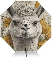 [PDZRMY] Alpaca Flowers Cute UV Protection Travel Umbrella Compact for Rain and Sun - Auto Open and Close UPF 50+ Windproof Portable 46” Sun Umbrella for Women and Men
