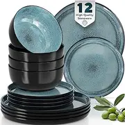 12 Piece Dinner Set, Dinner Plate Set for 4 - Modern Ibiza-Style Stoneware Dinnerware Set - Scratch Resistant, Dishwasher Safe Plates and Bowls Sets Ceramic, Dish Set - dark petrol blue