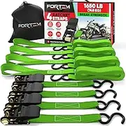 FORTEM Ratchet Straps, 1650lb Break Strength, 4 15ft Tie Down Strap Set, 4 Soft Loops, Motorcycle Straps Tie Downs, Cargo Straps for Trucks, Rubber Handles, Coated Metal Hooks, Carry Bag (Green)