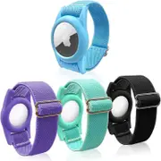 4 Pack AirTag Bracelet for Kids, Airtag Holder with Adjustable Stretchy Nylon Wristband, Anti-Lost Apple Airtags Watch for Child, Toddler, 4 Colors AirTag Kid Watch Band