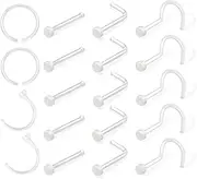 [Gojewen] Nose Stud Ring Set 20G Stainless Steel Plastic Clear Flat Top Nose Studs Retainers Double Hoop Nose Ring Pack Piercing Jewellery
