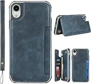 Cavor for iPhone XR Case,Leather Wallet Stand Cover Card Slots Back Case Mobile Phone Shell with Buttons Closure & Wristlet Strap Kickstand for iPhone XR(6.1")-Navy Blue