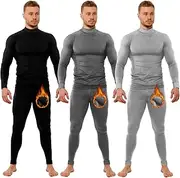 [Patelai] 3 Sets Thermal Underwear for Men Soft Fleece Lined Long Sleeve Base Layer Set Top Bottom for Cold Weather
