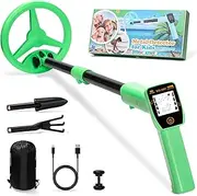Smofrees USB Rechargeable Kids Metal Detector, Adjustable 24"-34" Portable Children's Detector with Funny LCD Display for Outdoor Exploration, Green