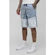 Mens Mid Blue Tall Printed Colour Block Drawcord Relaxed Denim Shorts