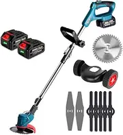 Electric Hand Push Lawn Mower, 1500W 3 in 1 Cordless Grass Trimmer with Dual Wheel Assist, Electric Lawn Mower Garden Pruning Tool 21V 3000mAh
