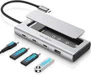 RSHTECH 5-in-1 USB C Hub with M.2 NVMe/SATA SSD Enclosure, 10Gbps USB Data Ports (1A + 2C) and 100W Power Delivery, Aluminum USB-C Dock Dongle for MacBook, Laptops and More
