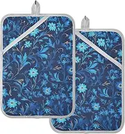 Large Pot Holders Heat Resistant William Morris Style Blue Floral Pattern Potholder with Pockets Oven Hot Pads for Kitchen Oven Mitts 2 Pack