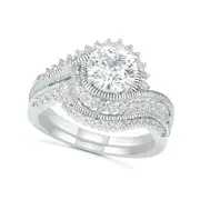 7.0mm White Lab-Created Sapphire Sunburst Bypass Frame Antique Vintage-Style Bridal Engagement Ring Set in Sterling Silver