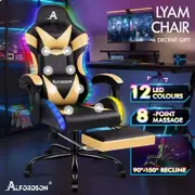 ALFORDSON Gaming Chair Office Massage 12 RGB LED Computer Seat PU Leather Gold