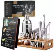 25-Piece Bartender Set with Bamboo Stand - Stainless Steel Cocktail Making Kit