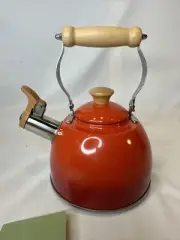 Hombre Red Orange Tea Pot Kettle Whistle Wood Handle 1.6 Qt Cool Touch Handle