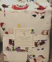 Pottery Barn Kids Organic Jolly Santa north pole Sheet set FULL Flannel
