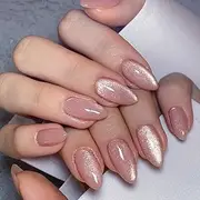 Nude Pink Press on Nails,Medium Almond Fake Nails,with Cat Eye Designs Glossy Stick on False Nails,Acrylic Glitter Glue on Nails in 12 Sizes,24 Pcs Nails Kit for Women Girls.