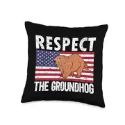 Respect The Groundhog USA Flag Groundhog Day Woodchuck Throw Pillow 16x16
