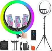 [NEEWER] 19" RGB LED Ring Light with Stand, 3 Phone Holders, Touch Panel, 2.4G/App Control, 42W CRI97+ 2800lux/0.5m 360° Tone Dimmable Professional Lighting for Makeup Live Streaming Zoom Calls, RP19C