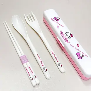 現貨環保餐具餐具組可愛三麗鷗KT貓學生筷子abs樹脂套裝便攜式餐具三件式 帶餐具盒