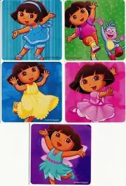 5 x Square Stickers ~ Dora The Explorer Boots Dance Pretty Dress Pink Yellow ~