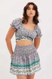 Boho Print Round Neck Puff Sleeve Crop Top - Size 14, Women's Crop Top