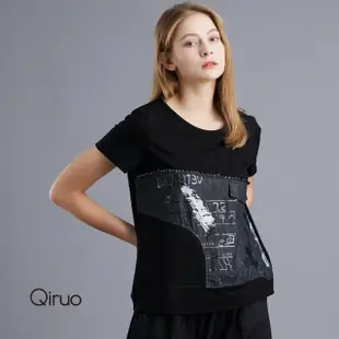 【Qiruo 奇若名品】春夏黑色拼圖短袖上衣1253A 酷造型女裝(短袖棉T拼圖)
