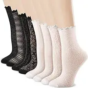 [Jspupifip] 8 Pairs Ruffle Socks Woman, Cute Frilly Socks Lace Socks Mesh Ankle Socks Breathable Casual Crew Socks for Women, Multicolor, 5-8