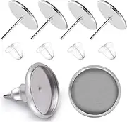BronaGrand 50 Pieces Stainless Steel Stud Silver Earring Cabochon Setting Post Cup for 10mm and 50 Pieces Clear Rubber Earring Safety Backs