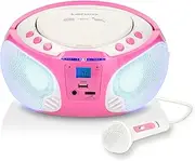 Lenco SCD-650 Portable Kids Stereo Boombox with FM Radio, CD, MP3, USB Playback, Disco Party Lights and Karaoke Wired Microphone - Pink