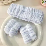 Plain Fluffy Wrist Band / Face Wash Headband / Set Set of 3 - 2 Wrist Bands & 1 Headband - Blue - One Size