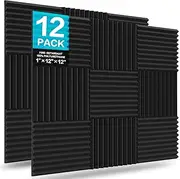 JBER 12 Pack Acoustic Foam Panels, 1" X 12" X 12" Studio Soundproofing Wedges Fire Resistant Sound Proof Padding Acoustic Treatment Foam (Black)