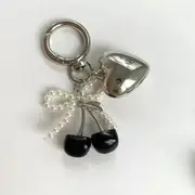 Cherry Resin Bow Faux Pearl Heart Alloy Bag Charm Keyring Black - One Size