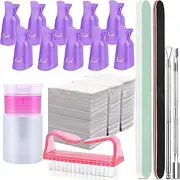Gel Nail Polish Remover Kit, Keepzi 10Pcs Fingernail Clips, 540Pcscotton Wipes Pads, A Pump Bottle, Nail Cleanser Brush, 2Pcs Grit Nail Set and Stainless Steel Remover Scraper and Pusher - Purple