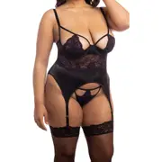 Oh La La Cheri Demi Underwire Basque & Thong Set in Black/Heliotrope at Nordstrom, Size 1X